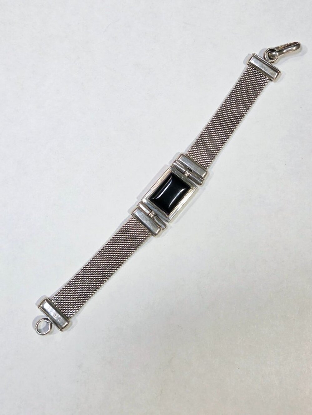 Vintage Solid Sterling Silver Mesh Bracelet - Art Deco Bezel Onyx, 55g, 7.75"